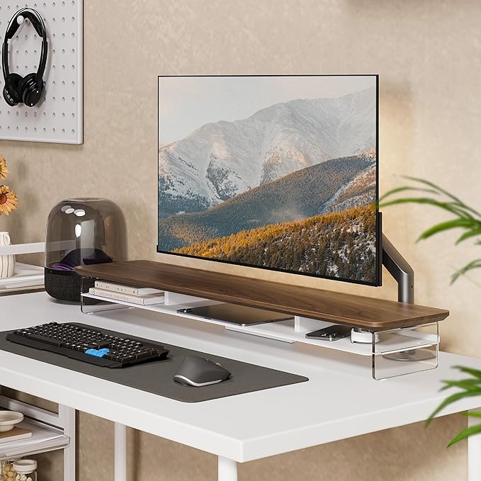 Fenge Acrylic Monitor Stand Riser, 42.5 Inches Dual Monitor Stand with Metal Storage, 2 Tier Acrylic Computer Riser for Desk, Clear Laptop Stand for PC, Laptop, Printer, TV, Brown