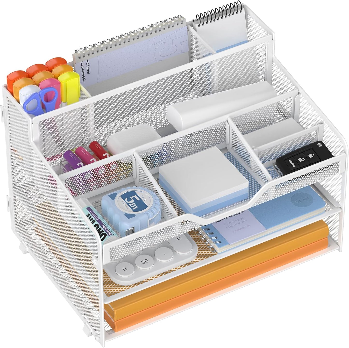 Docnest 3 Tier Mesh Desk Organizer for Paper Office Supplies – Multi-Functional Letter Tray with 5 Adjustable Compartments, 3 Pen Holders, Desktop Storage for Files, Mail, Stationery – White