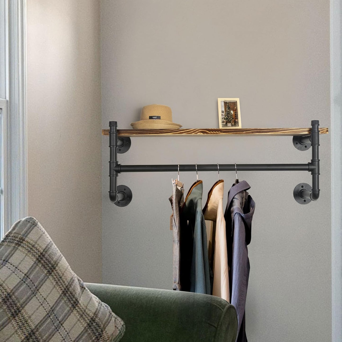 WEBI Wall Mounted Clothes Rack with Shelf,41.3" Long Industrial Pipe Clothing Rack with Shelves,Heavy Duty Iron Garment Rack Bar,Retail Display Clothes Rod for Clothes,Laundry Room,Black