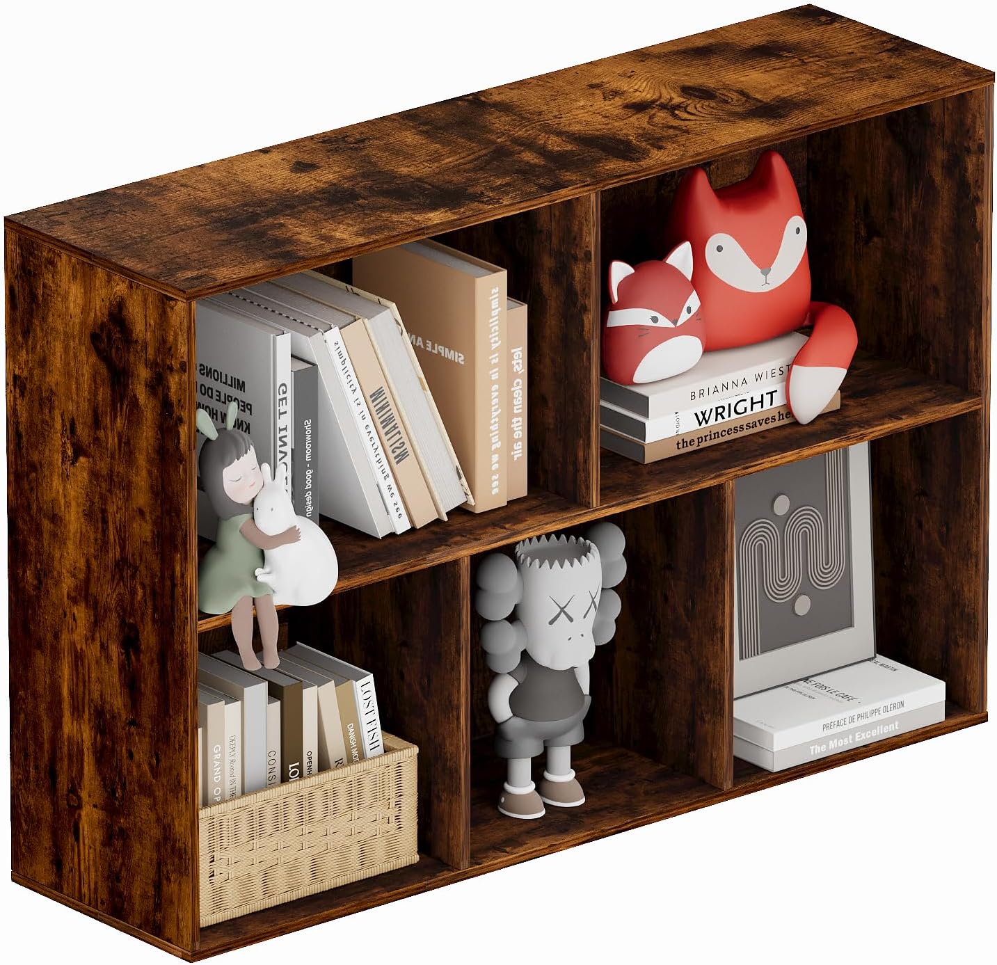 Book Shelf, Wooden Cube Storage Organizer with 11" Open Cubes, Stackable Bookcase for Room Divider Storage, Bookshelf for Living Room, Bedroom, Office (Indonesian Antique Oak, 5-Cube)