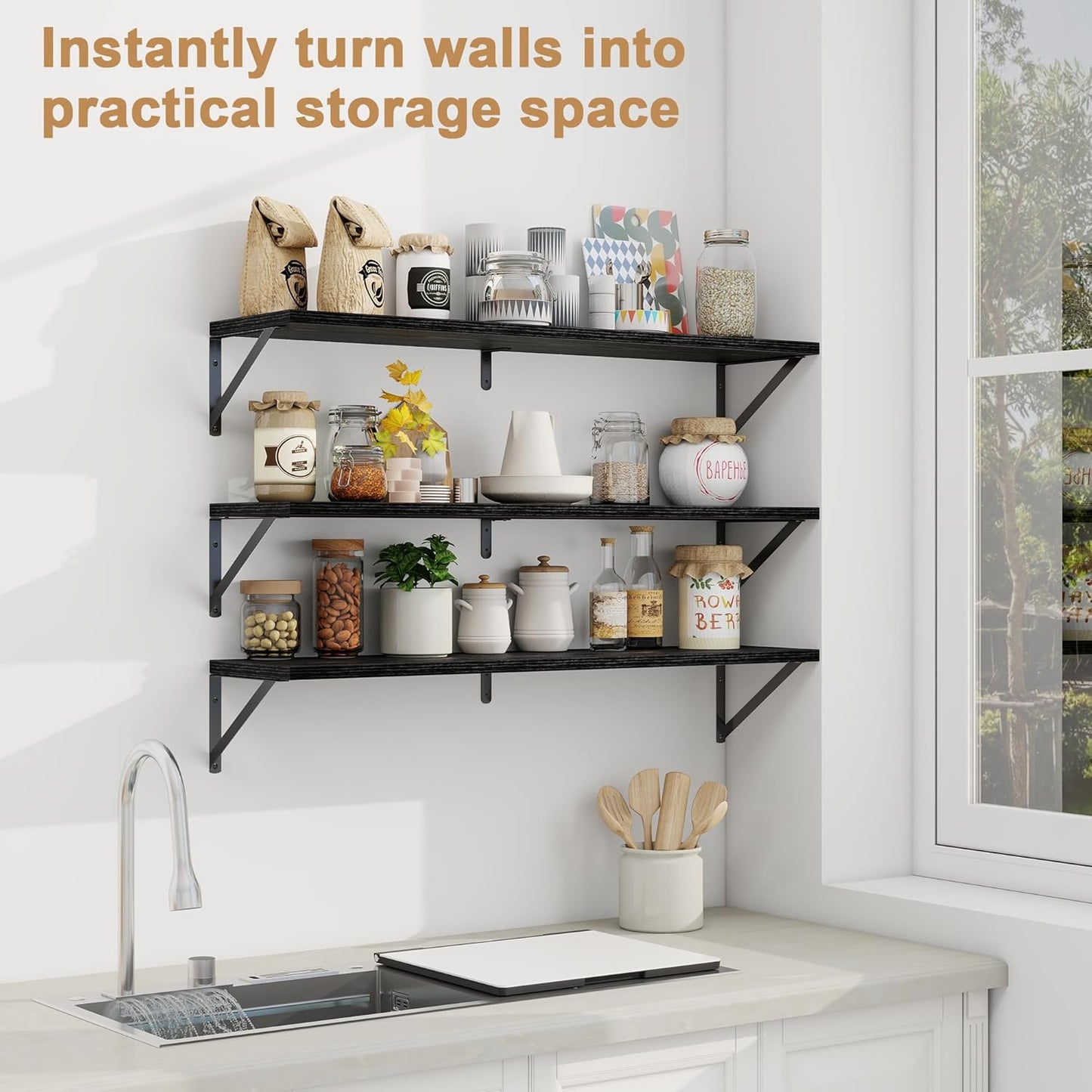 Fun Memories Long Wall Shelves for Bedroom, Set of 3 Large 40-Inch Floating Bookshelves, Rustic Wood Display Shelf for Home and Office (Black)