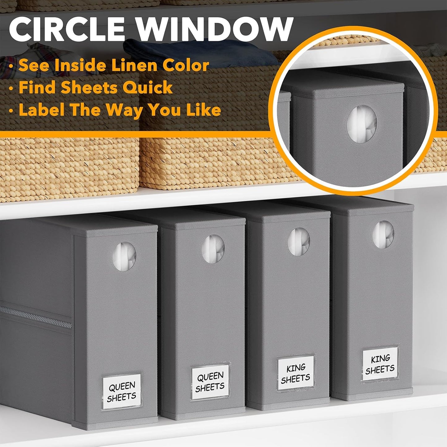 SpaceAid 4 Pack Bed Sheet Organizers and Storage, Foldable Organizer for Linen Closet, Sheets Set Folder Keeper with Window XL (Queen & King Size) Organizing Bedding Container, Gray 91ZDSN-SL01-G4