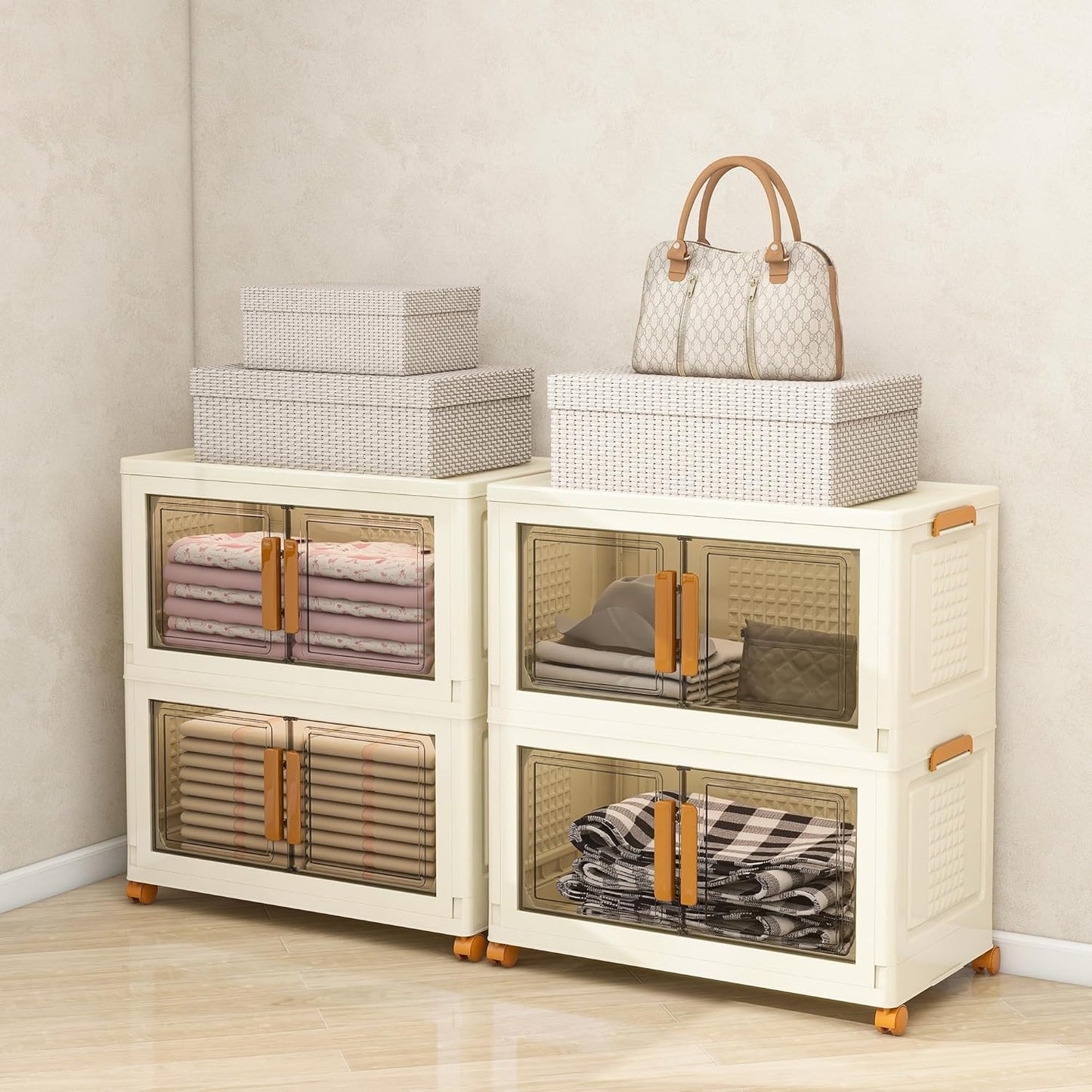 Plastic Stackable Storage Bins with Lids and Wheels, Foldable Closet Organizers and Storage Containers, Collapsible Clear Drawer Storage Cabinet with Doors White 44.8Gal