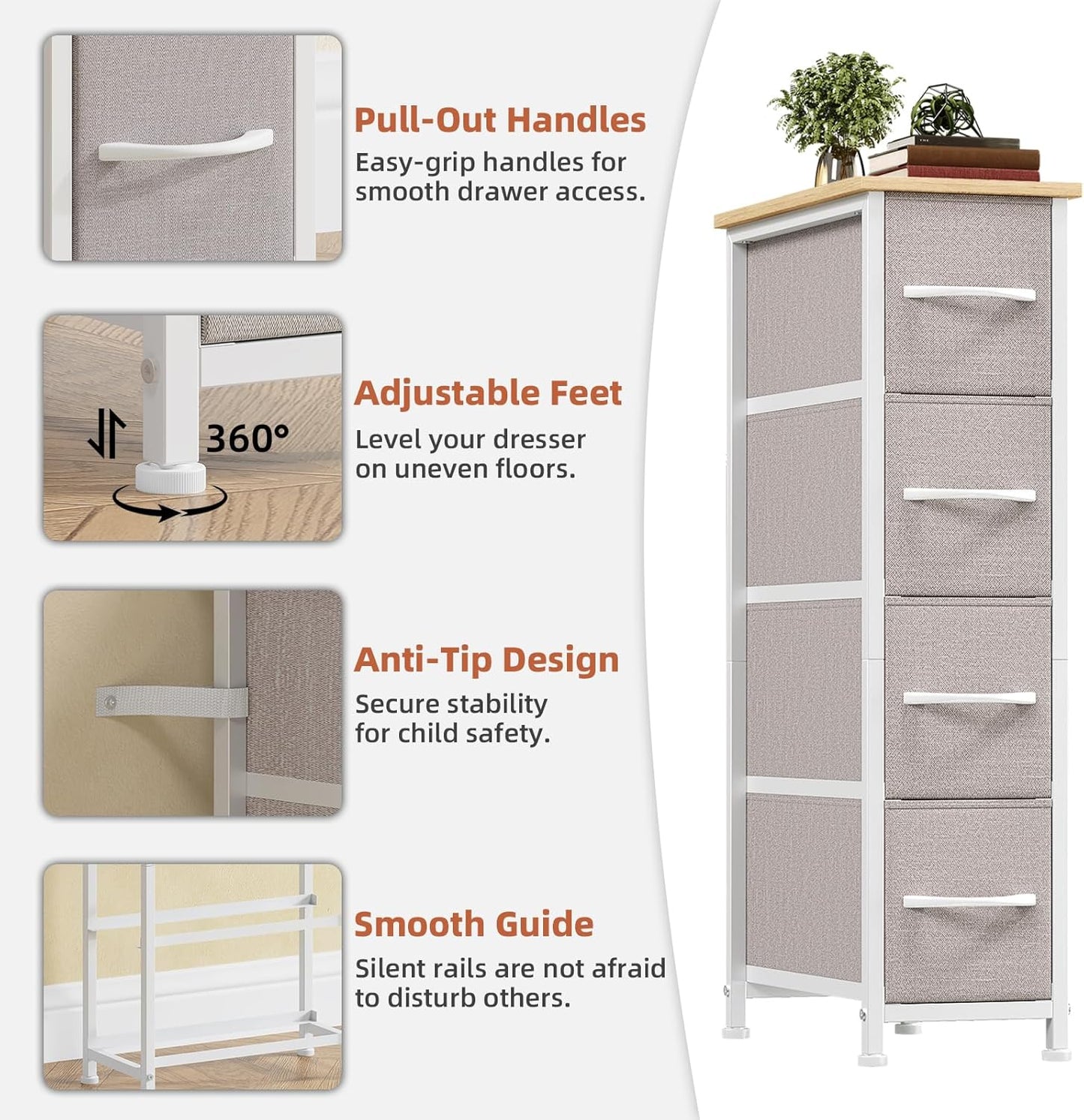 Somdot Narrow Dresser with 4 Drawers, Slim Storage Organizer Chest of Drawers with Removable Fabric Drawers for Small Spaces Bathroom Closet Bedroom Laundry, Ash Grey