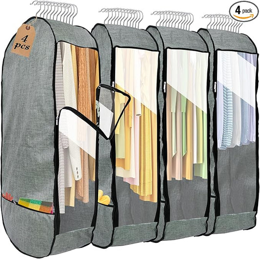 4PCS Garment Bags for Hanging Clothes,Chakera Large Breathable Garment Bag for Closet Storage with 10”Gusseted,Clear Clothing Storage Garment Cover for Dress Sweater with Double Zipper,Grey