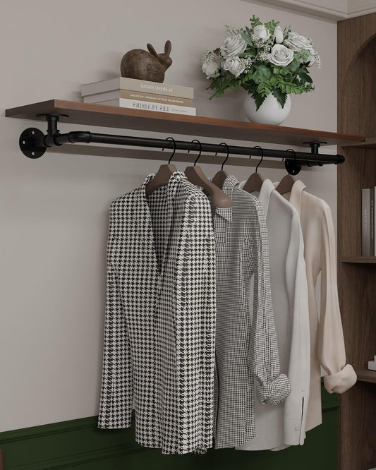 Clothes Rack 42in, Wall Mounted Garment Rack with Real Walnut Wood Shelf, Heavy Duty Hanging Clothes Rack, Multi-Purpose Hanging Rod, Space-Saving Closet Storage