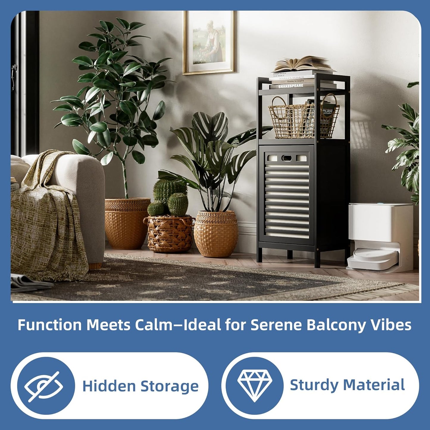 HITNET Tilt Out Laundry Hamper, Bamboo Bathroom Cabinet with Pull Out Removable Bag and 2 Tier Storage Shelves, 8.5 Gallon Clothes Basket with Metal Handle, Black