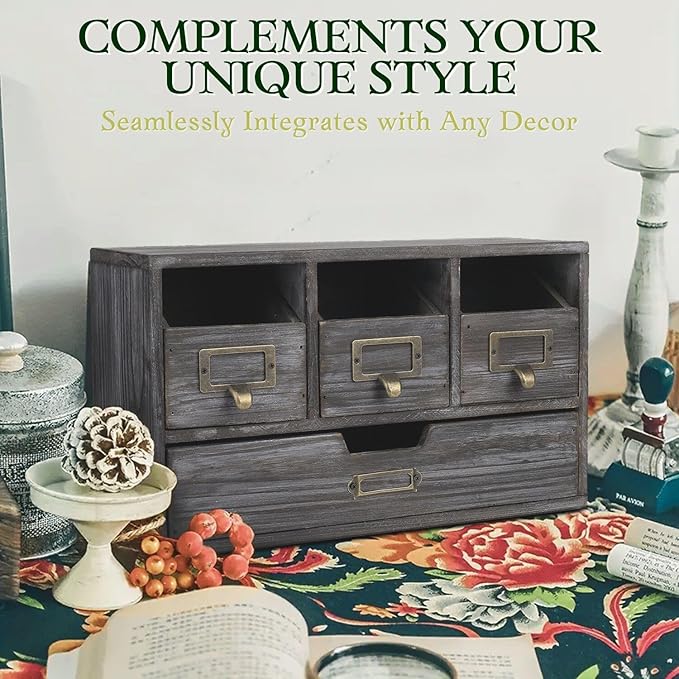 Flexzion Apothecary Cabinet with 4 Drawers - Vintage Rustic Wood Desktop Organizer for Home & Office Supplies - Tabletop Wooden Storage for Catalog, Card, Jewelry, Makeup, Craft & Tools