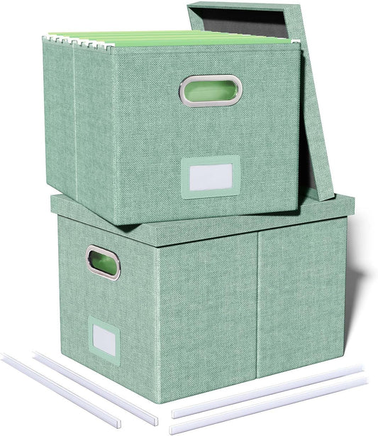 2 Pack File Storage Organizer, Filing Box, Portable File Box with Lid, Fit for Letter/Legal File Folder Storage, Document Organizer, Green