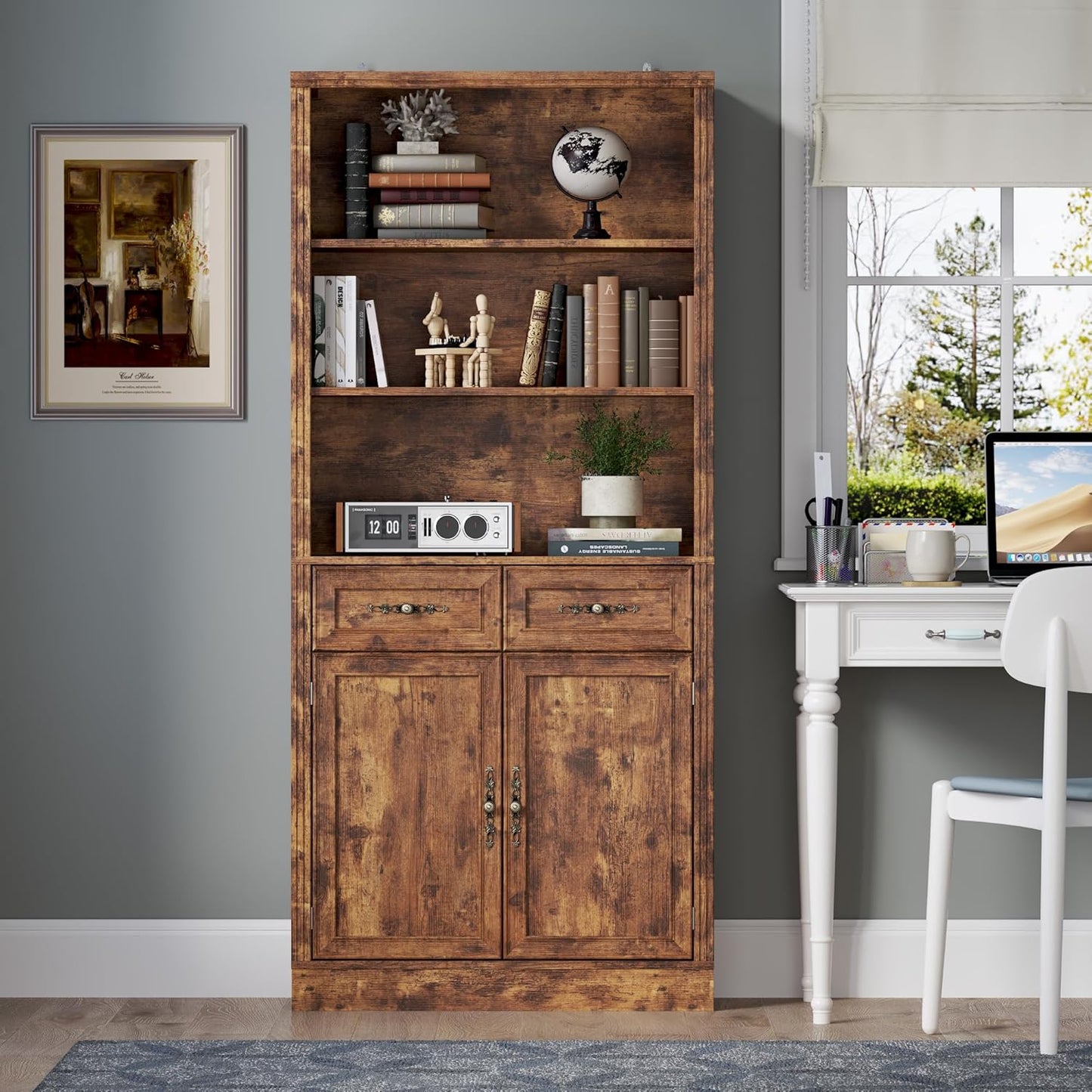 71.4" Tall Bookshelf with Drawers & Cabinet, 5-Tier Floor Standing Bookcase with Storage Doors, Adjustable Shelves & Metal Handles, 31.5" Wide Organizer for Home Office, Living Room