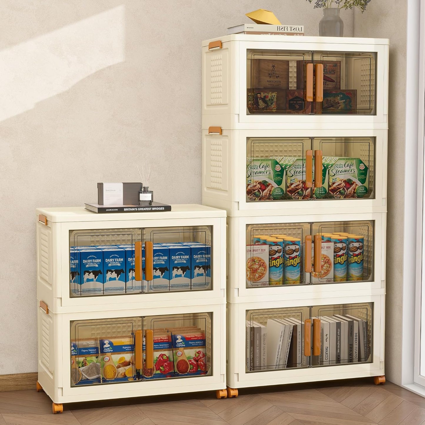 Plastic Stackable Storage Bins with Lids and Wheels, Foldable Closet Organizers and Storage Containers, Collapsible Clear Drawer Storage Cabinet with Doors White 44.8Gal