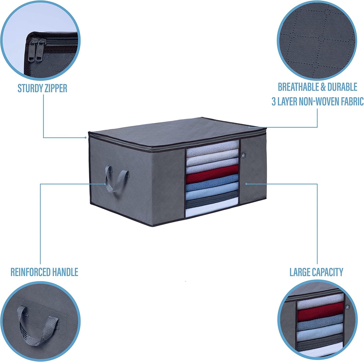 VENO 3 Pack Oversize Clothes Storage Bag Organizer with Reinforced Handle Thick Fabric for Comforters, Blankets, Bedding, Foldable with Sturdy Zipper, Clear Window, Grey, Reusable (34 Gallon)