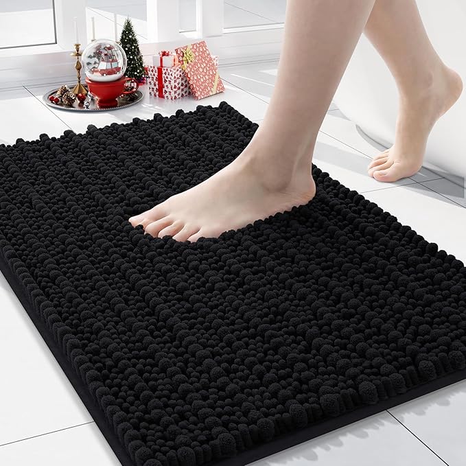 Arotive Luxury Chenille Bathroom Rug Mat, Extra Soft Thick Absorbent Shaggy Bath Rugs, Non-Slip Machine Wash Dry, Plush Bath Mats for Bathroom, Shower and Tub, 30x17, Black