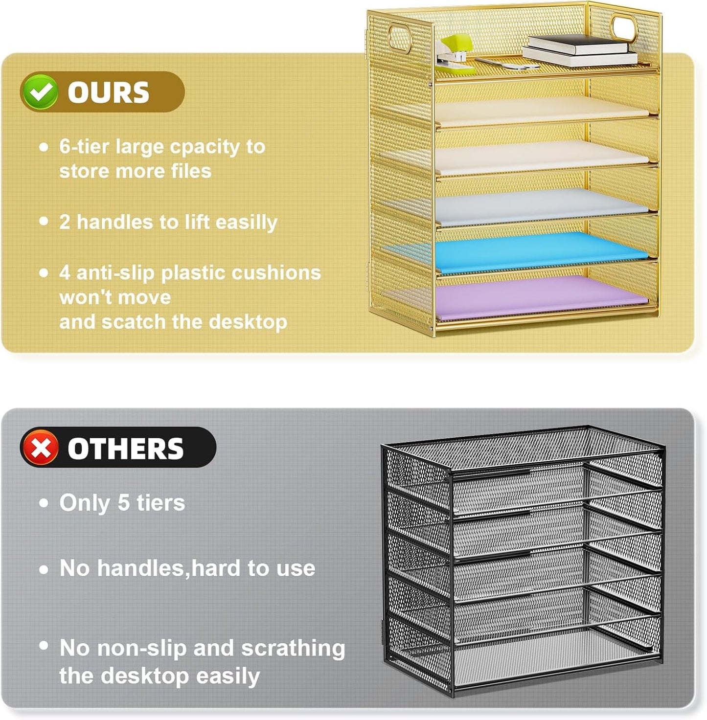 Marbrasse Paper Letter Tray Organizer - 6 Tier Mesh File Organizer with Handle, Paper Sorter Organizer for Letter/A4 Office File Folder Holder - Gold