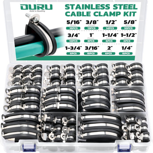 125PCS Cable Clamp,12 Sizes Stainless Steel Rubber Coated Cushioned Insulated Cable Clamps Assortment Kit-Metal Wire Clamps,Cable Clips,Pipe Clamps