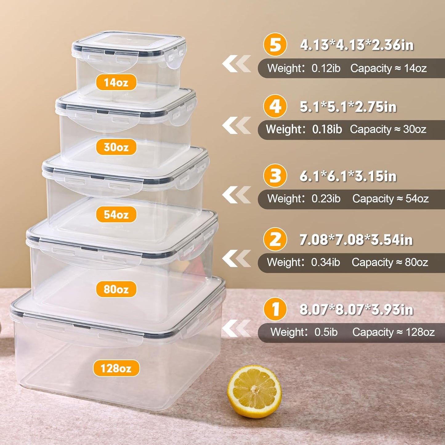 5 Pack Large Food Storage Containers with Leak-Proof Lids, Stackable Kitchen Storage Bowls Sets (14/30/54/80/128 oz), Reusable Meal Prep Plastic Containers, BPA-Free, Dishwasher Safe