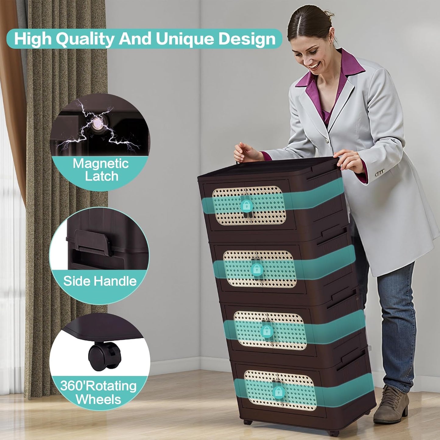 Holaki 156 QT Storage Bins with Lid, 4 Tiers Collapsible Plastic Storage Bins Storage Cabinet Box with Wheels and Magnetic Door for Home Closet Organizers(Retro Brown)