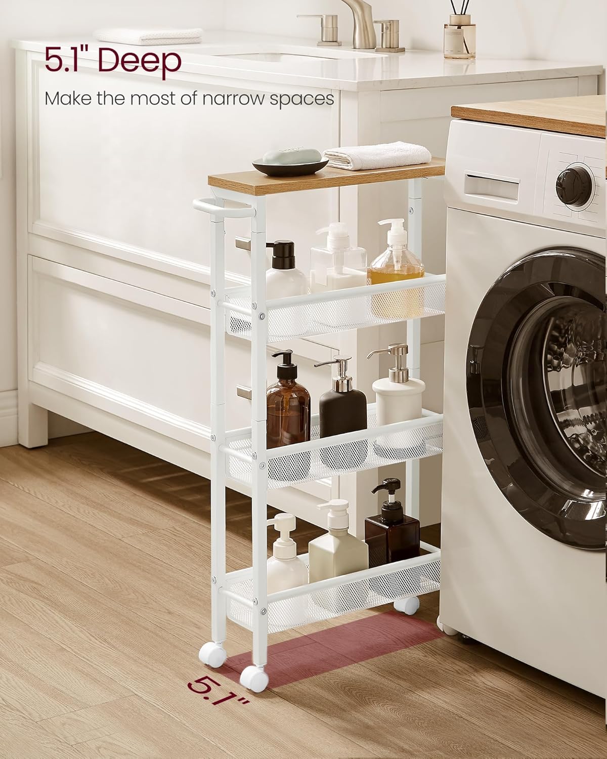 VASAGLE Slim Rolling Cart, 4-Tier Storage Cart, Narrow Cart with Handle, 5.1 Inches Deep, Metal Frame, for Kitchen, Dining Room, Living Room, Home Office, Oak Beige and Classic White ULRC032W09