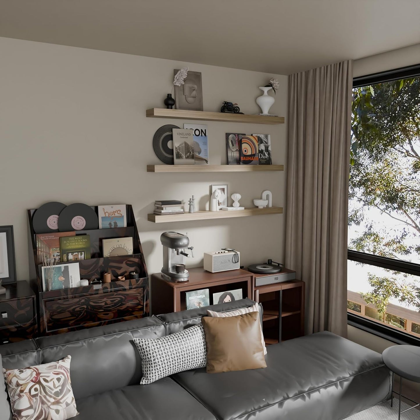 Floating Shelves - 48 Inch Long Premium Solid Wood Wall Shelves, Set of 3, Rustic Brown Modern Wall Mounted Shelves for Living Room, Bedroom, and Kitchen