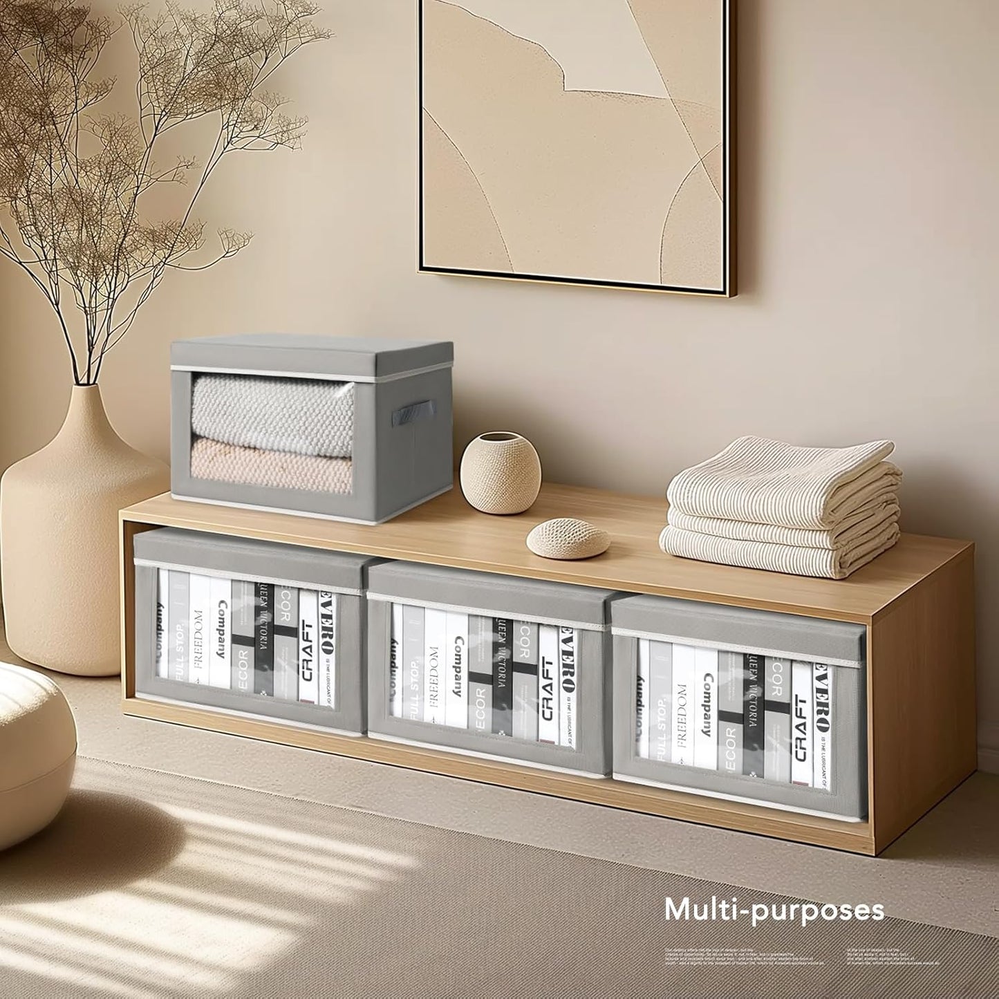 Storage Bins with Lids - Fabric Closet Storage Bins with Window, Collapsible Baskets for Shelves 4 Pack, Home Decorative Boxes for Clothes, Closet, Office, Grey