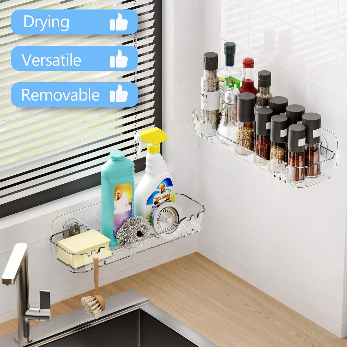 TZAMLI Acrylic Shower Caddy, Wall Mounted Adhesive Shelves with Lip, No Drilling Shower Organizer Clear Shelf for Bathroom Toilet Kitchen Storage, Long