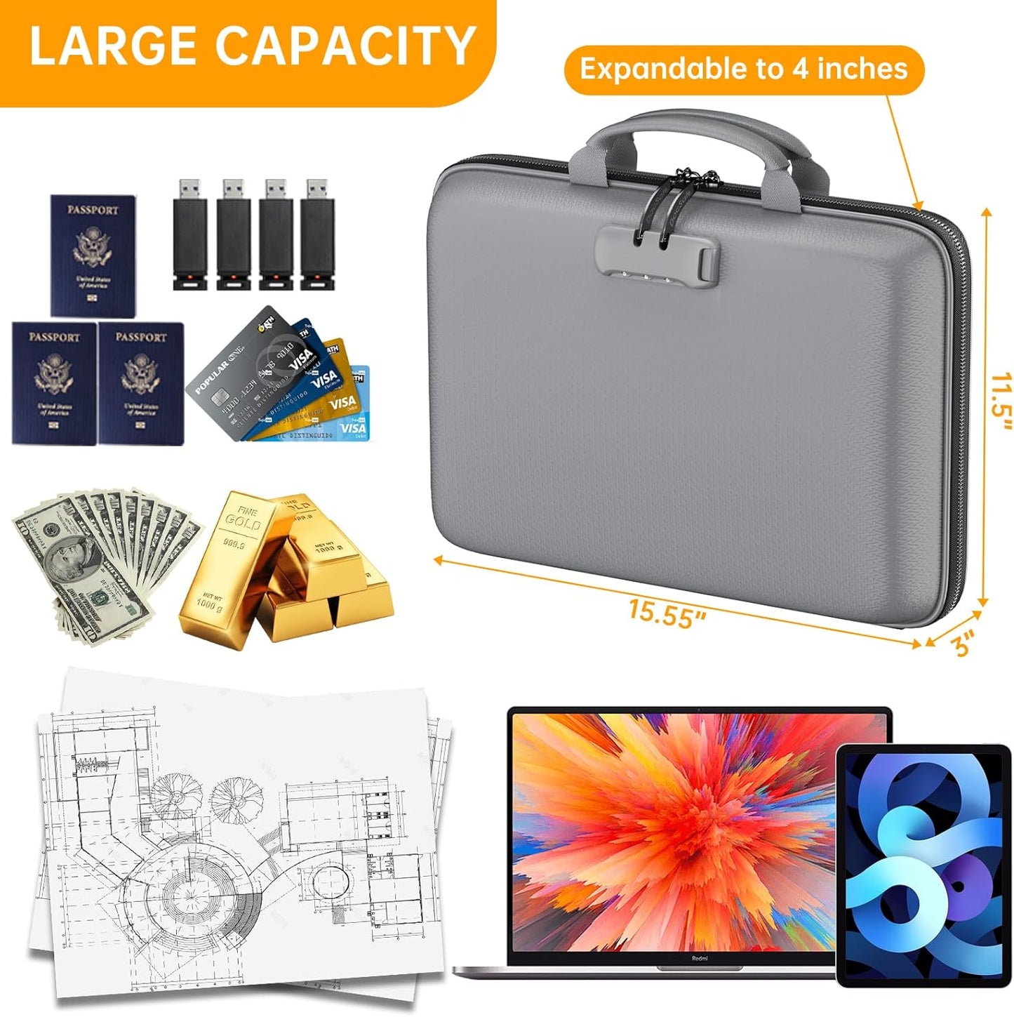 DocSafe Fireproof File Organizer with Lock, Hard-Shell Case Fireproof Document Box with 13 Pocket Accordion File Folder, Portable Home Office Travel Safe Storage for Important Documents Laptop Gray