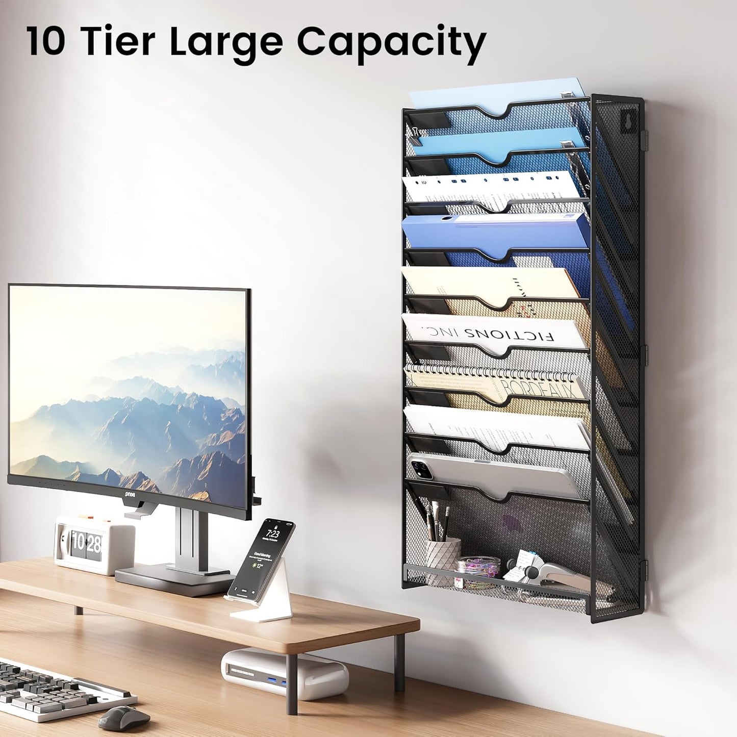 Desk File Organizer Mesh 10-Tier Hanging Wall Mount Document Organization Stand Desktop Vertical Mail Paper Folder Holder Rack with Bottom Tray for Office Home Cubicle Countertop-Black
