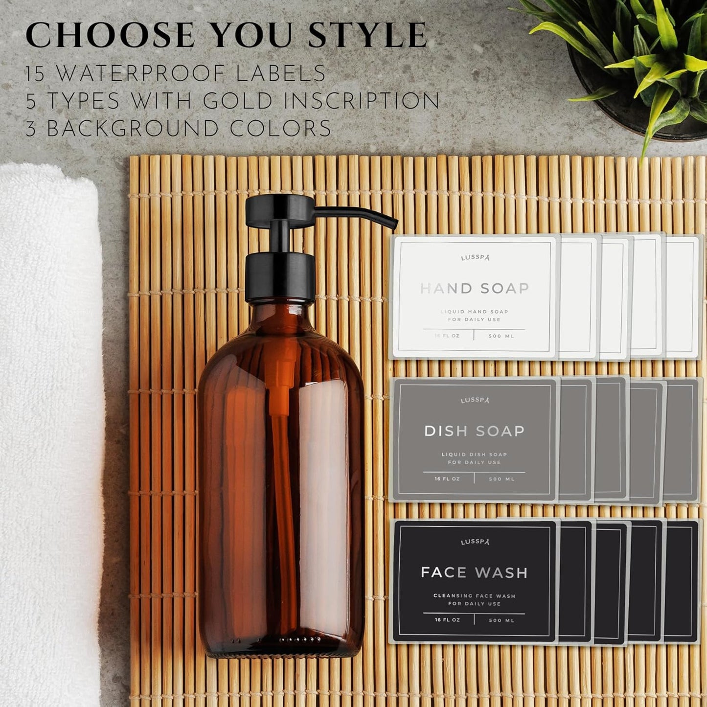 Lotion, Hand & Dish Soap Dispenser for Kitchen Sink - Bathroom Soap Dispenser Set of 2 16.8 Oz Glass Bottles with Stainless Steel Pump, 15 Water Proof Labels & Silicon Tray (Amber/Black)