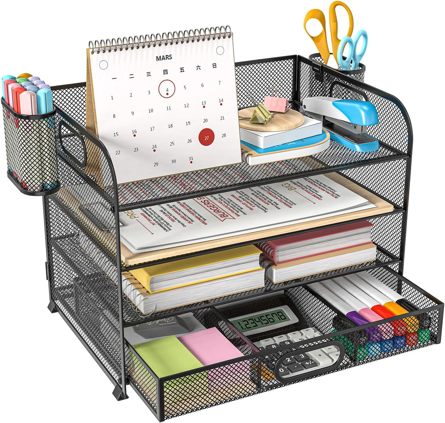 Desk Organizer and Accessories，4-tier Paper Letter Tray Organizer, Desk File Organizer with Drawers and 2 Pen Holders for School and Home Office Supplies (black)