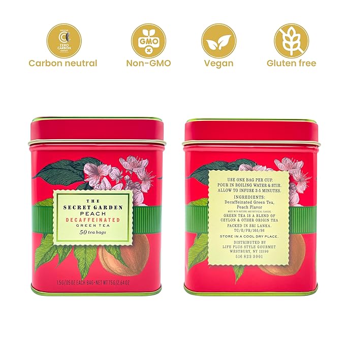 Premium Decaf Peach Herbal Green Tea Bags 50 Pack Designer Tin, Eco-Friendly, Sugar Free, Keto & Diabetic Friendly Full Bodied Aromatic Flavor Family Share Size Bulk Teabags (50-Count)