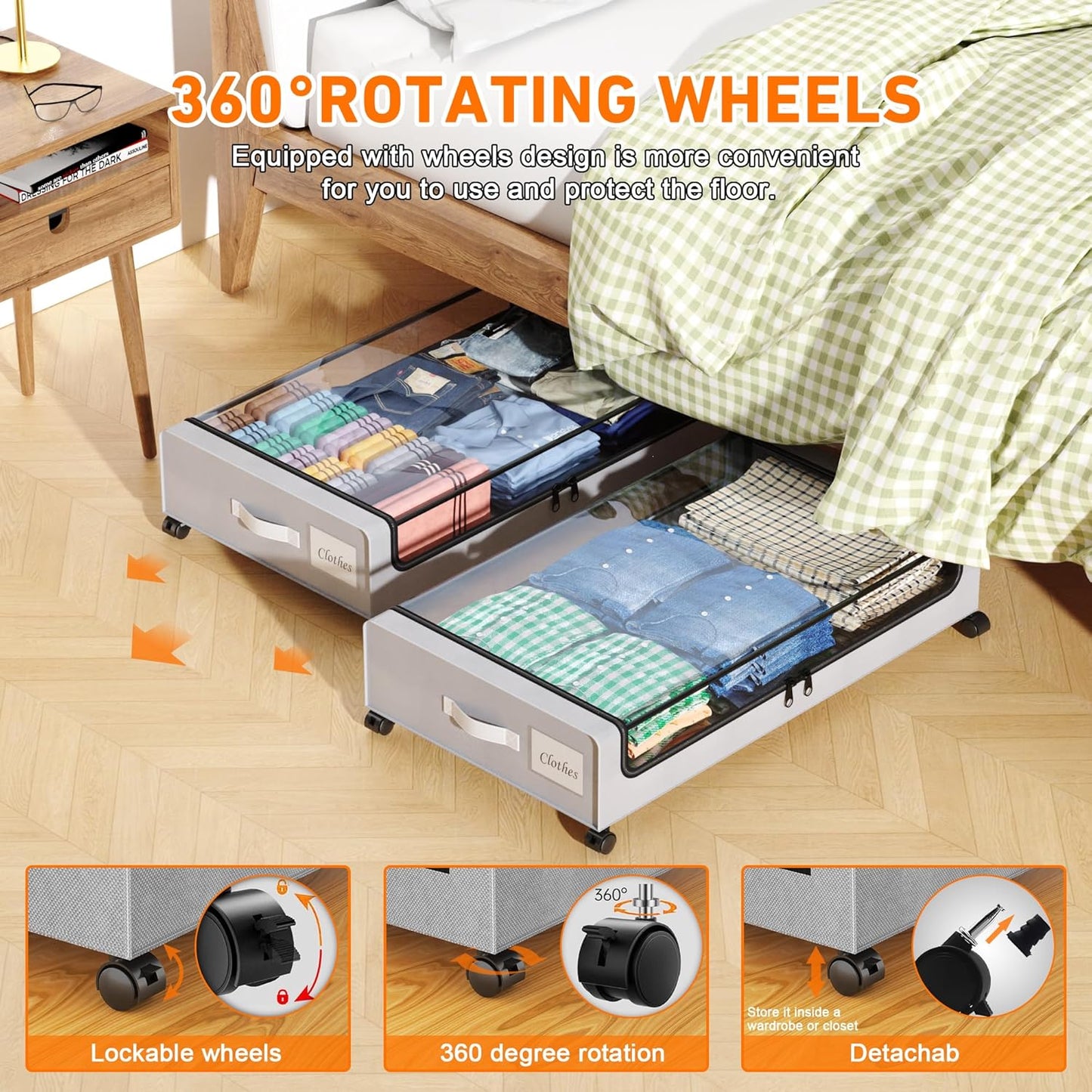 Under Bed Storage with Wheels, 2-Pack Under Bed Storage Containers with Clear Lids, XXL 60L Under the bed storage Organizer Bins, Rolling Under Bed Metal Drawer for Clothes,Shoes,Toys (Gray, 2 Pack)