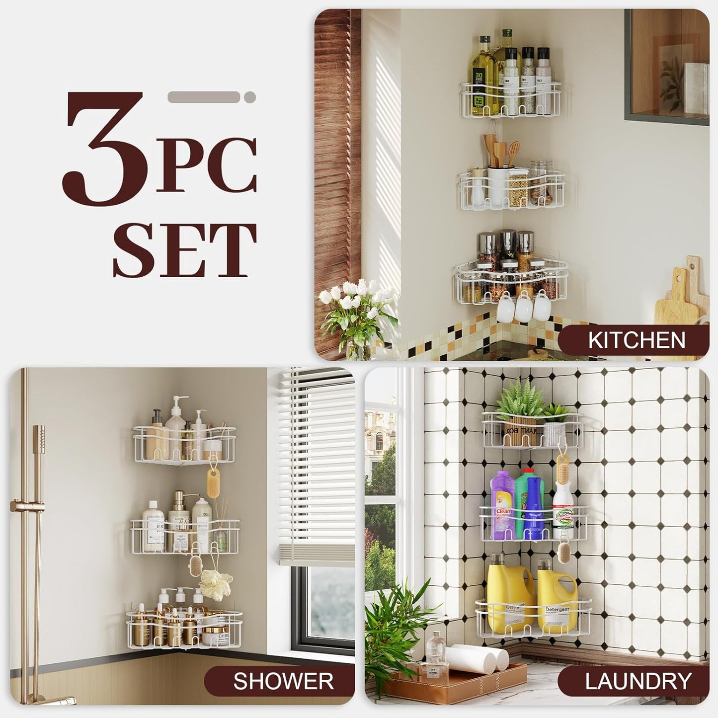 white corner shower caddy with depth caddy and Built in 12 hooks rustproof wall mounted shower shelf 3 pack shower storage for bathroom kitchen room and laudry room.