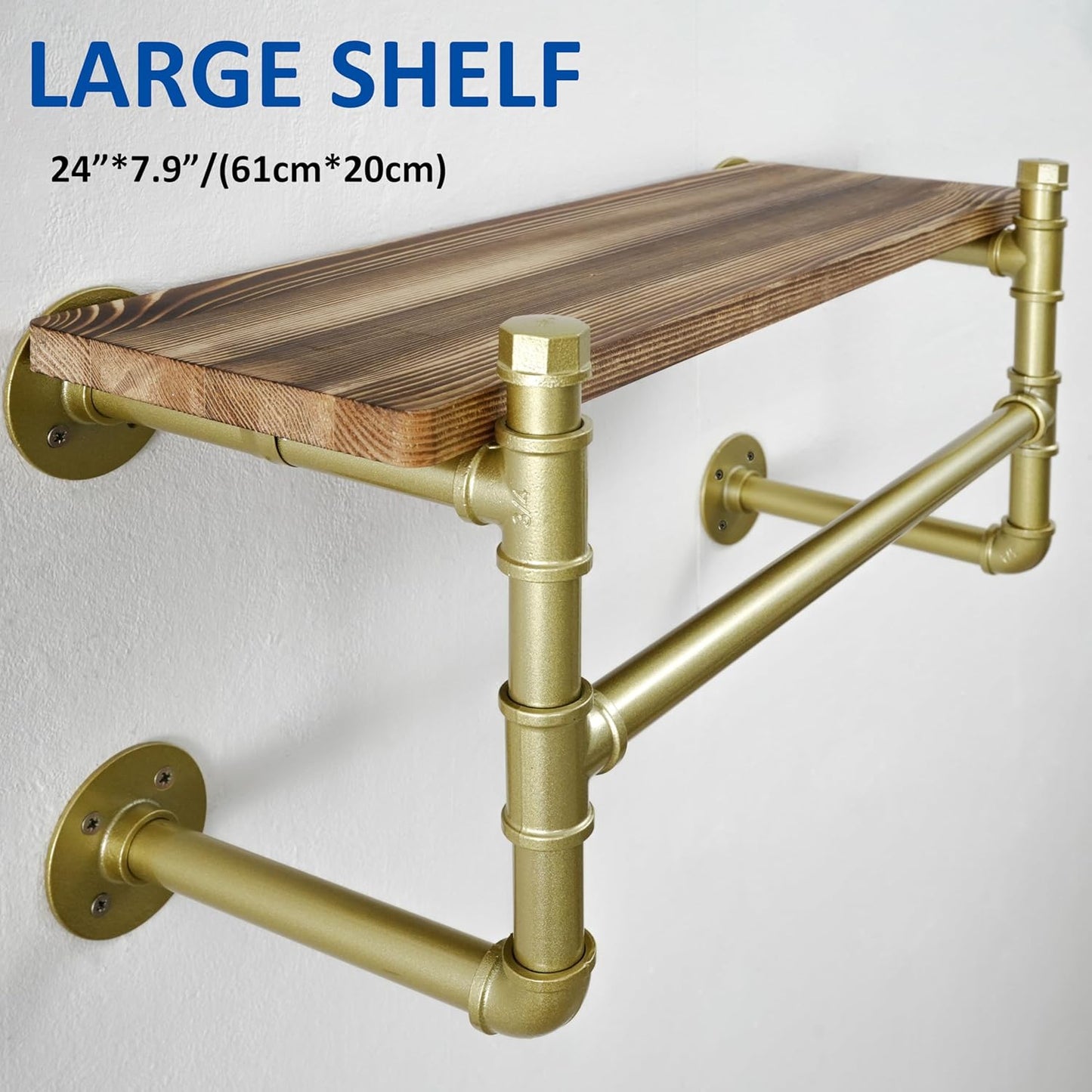 WEBI Wall Mounted Clothes Rack with Shelf,24" Industrial Pipe Clothing Rack with Shelf with Hanging Rod,Heavy Duty Iron Garment Rack Bar,Retail Display Clothes Rod for Laundry Room,Closet,Gold