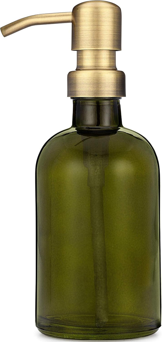 Rail19 Forest Green Glass Lotion & Soap Dispenser with Metal Pump, 8oz (Farmhouse Brass)