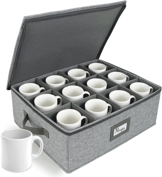 HOMELUX THEORY Coffee Mug Storage with Dividers, Light Gray Hard Shell China Storage Containers, Kitchen Storage Bins With Lids, Heavy Duty Moving Box for Packing Glassware, Stemware & Glassware