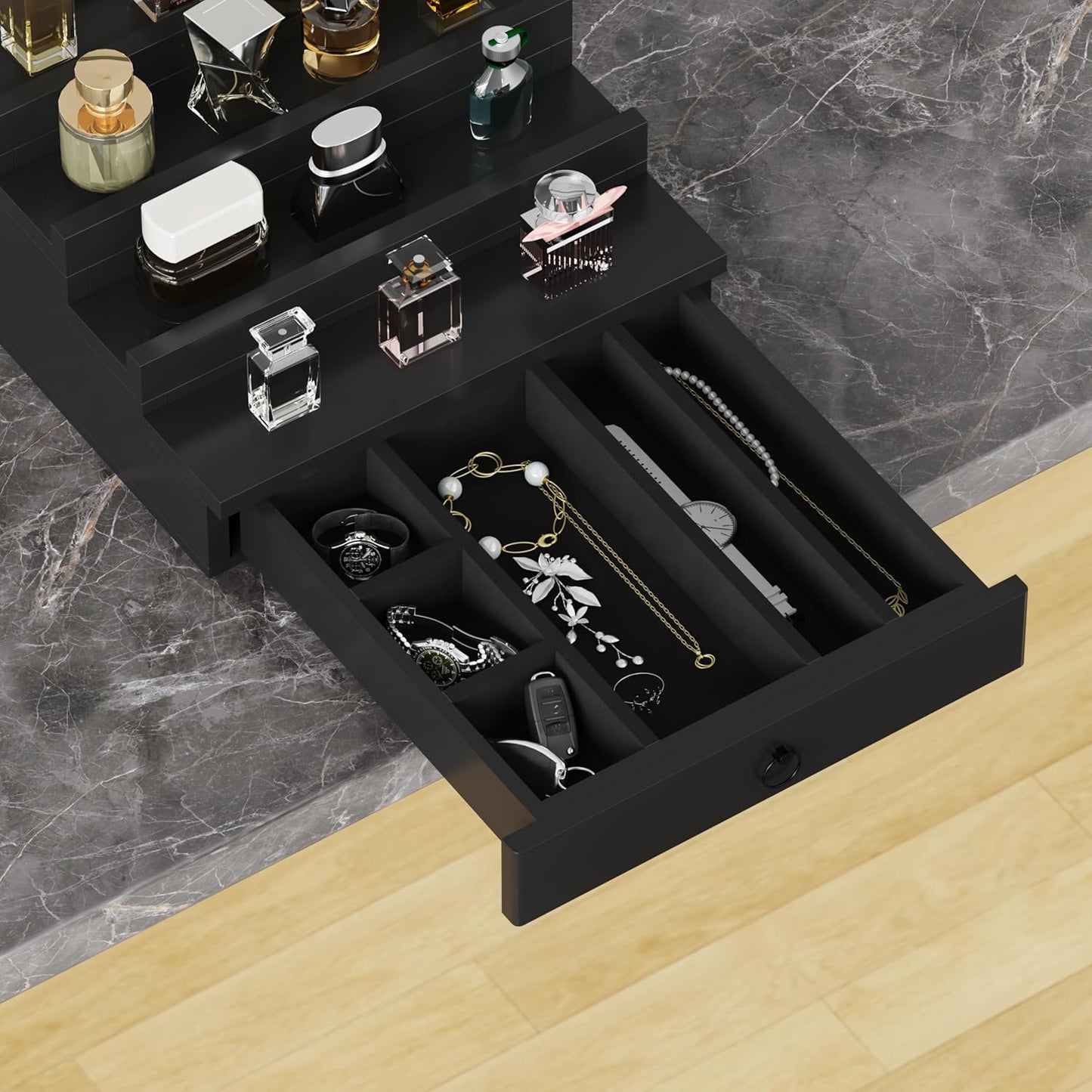 Blisse Cologne/Perfume Organizer, 4-Tier Storage Drawer with Hidden Compartments, Soft-Lined Display Case (Black)