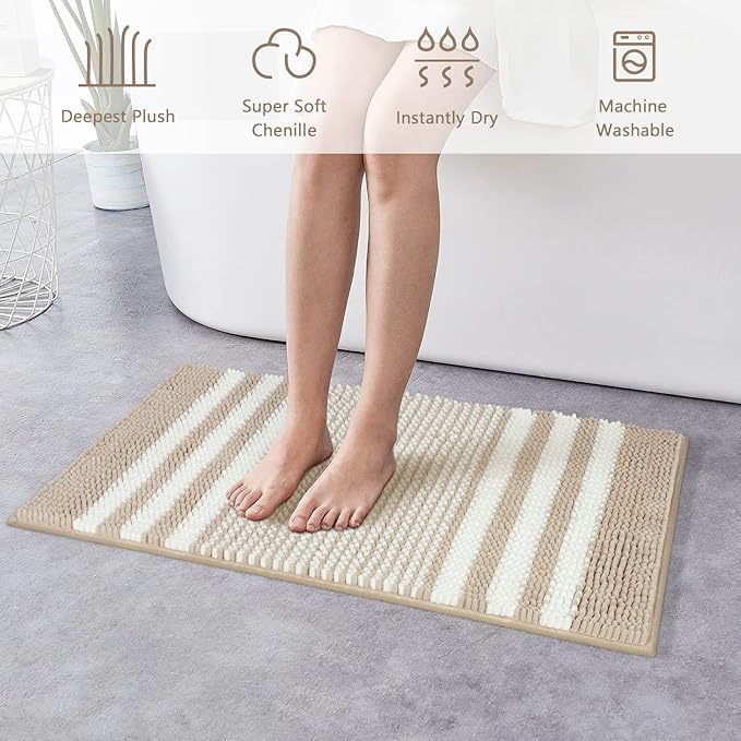 Tindbea Bathroom Rugs Set 2 Piece, Extra Soft and Absorbent Fluffy Striped Chenille Bath Mat Rug Set, Non Slip Bathroom Floor Mat, Machine Washable (20" x 32" Plus 20" x 32", Khaki)