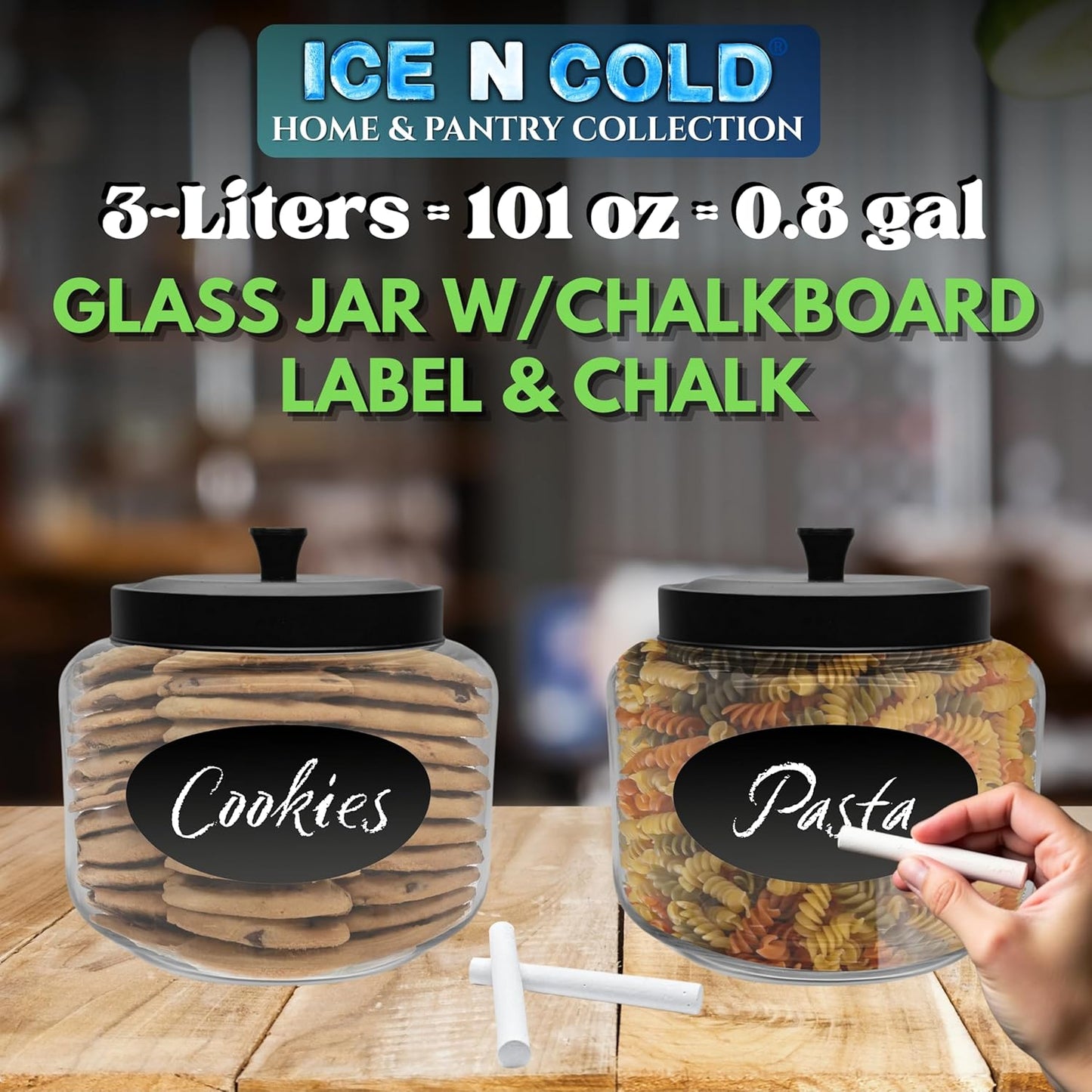 Kitchen and Laundry Storage Glass Jar – Wide Mouth Round Glass Storage Container with Black Steel Lid and Chalkboard Label - 2 Sticks of Chalk Included (1, 3L | 101oz | 0.8 Gallon)