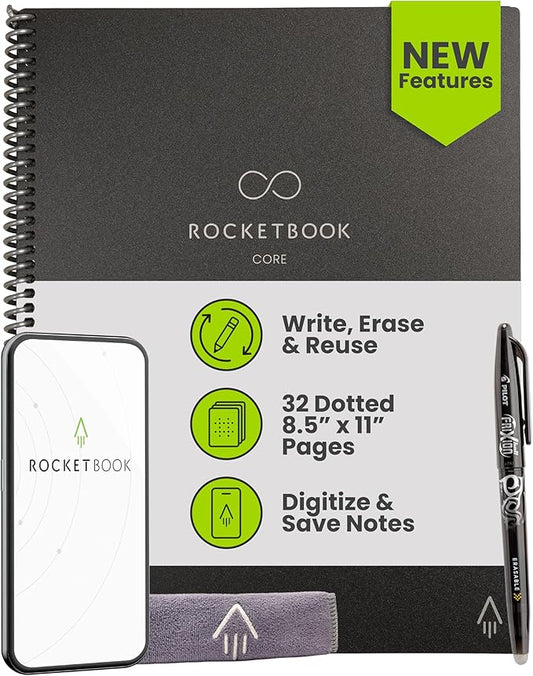 Rocketbook New Core Reusable Spiral Notebook, Letter Size 8.5x11, Black - Dotted Pages, App-Connected, Erasable, Durable Cover, Ideal for School, Work, and Creative Projects