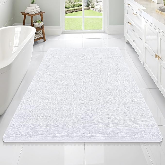 OLANLY Bathroom Rugs 70x46, Extra Soft Absorbent Chenille Bath Rugs, Rubber Backing Quick Dry, Machine Washable Bath Mats for Bathroom Floor, Tub and Shower, Home Decor Accessories, White
