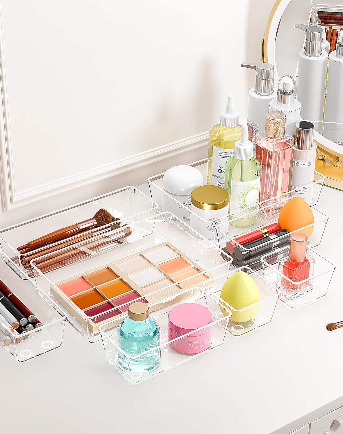 15Pcs Clear Plastic Drawer Organizers Set, 4size makeup drawer organizer trays for vanity/desk/bathroom/office/nightstand/gadgets for kitchen/desk drawer, Versatile drawer divider storage bins