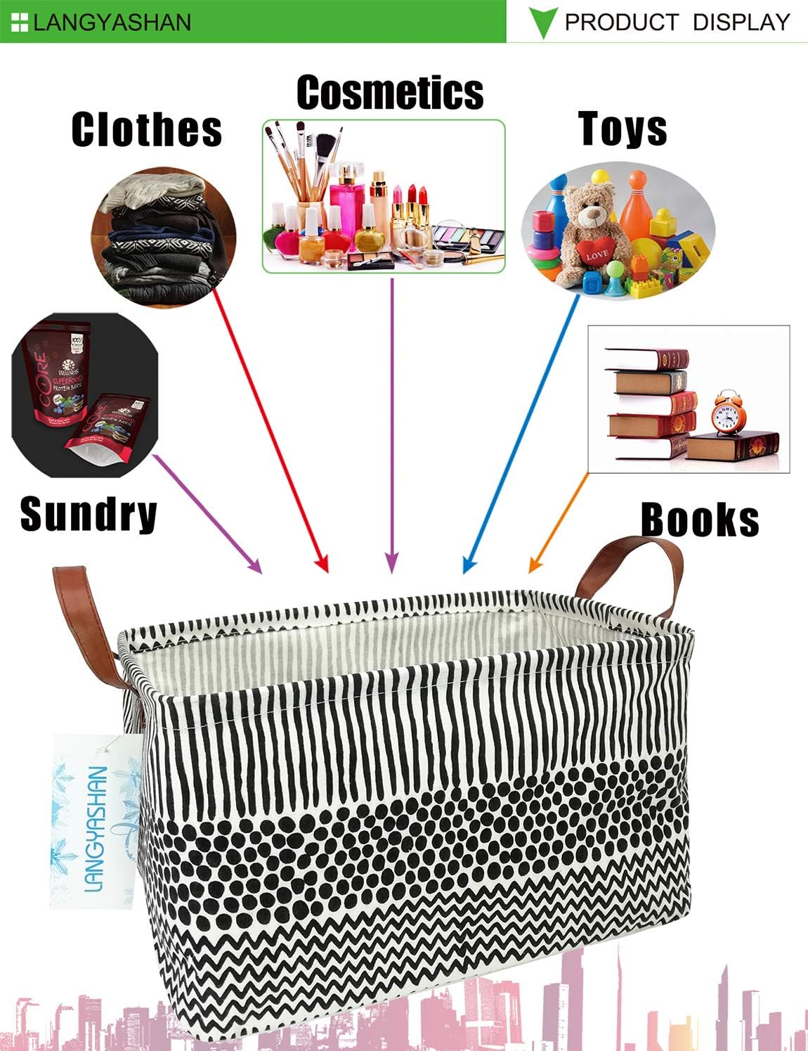 LANGYASHAN Rectangular Storage Bin Collapse Canvas Fabric Cartoon Storage Basket with Handles for Organizing Home Kitchen Boys and Girls Toys Office Closet Shelf Baskets (Rec Black line)