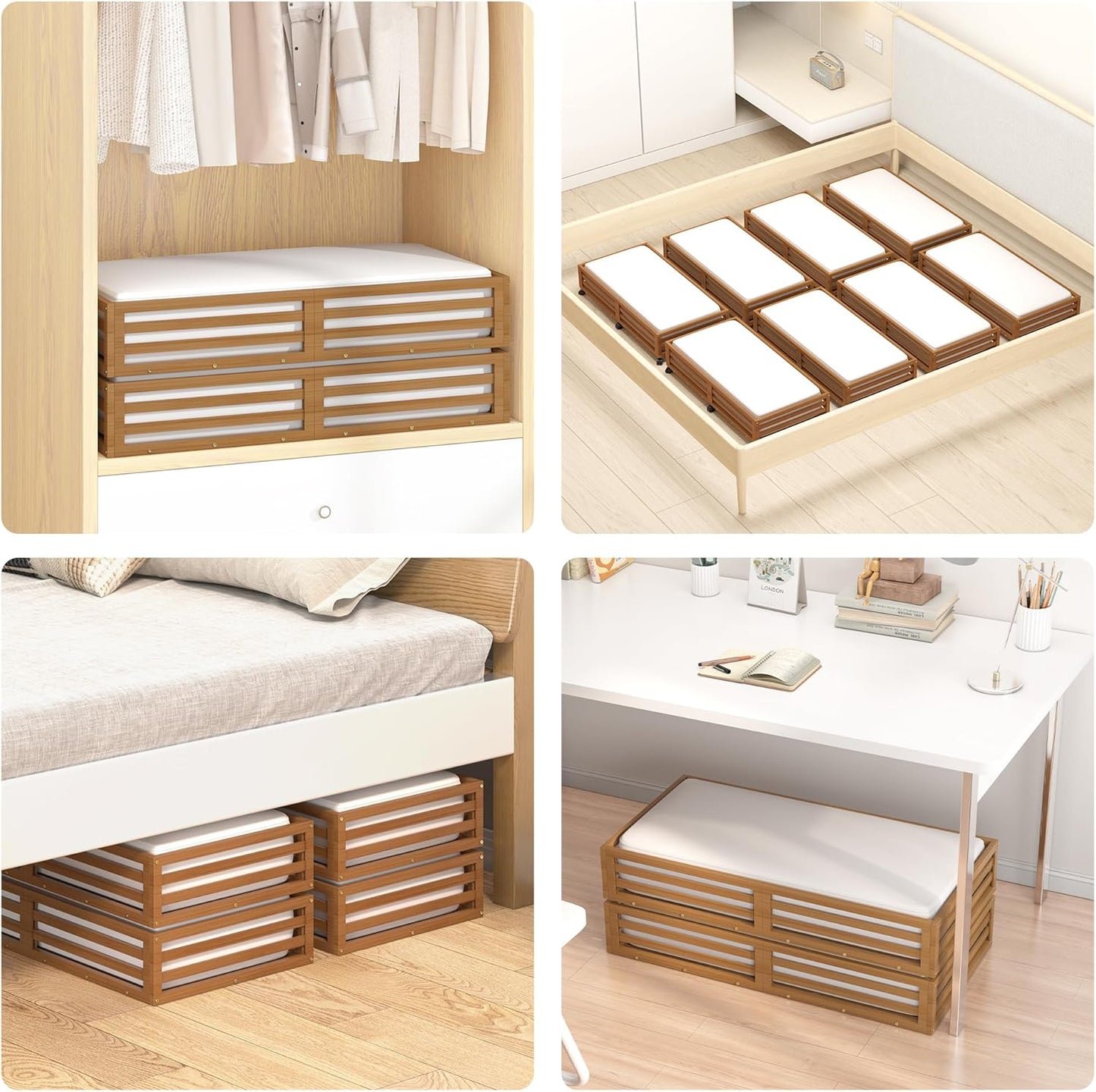 Bamboo Under Bed Storage Containers- Underbed Organizer with Wheels with Large Capacity Dust Bag,Sturdy Wood Rolling Under Bed Shoe Storage Organizer 2 Packs (Walnut, 2 Packs (33.07"×16.54"))