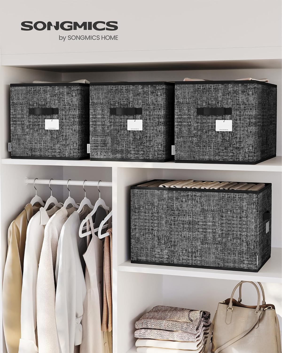 SONGMICS Storage Cubes, 19.7 x 11.8 x 11.8 Inches Non-Woven Fabric Bins with Double Handles, Set of 3, Closet Organizers for Shelves, Foldable, for Clothes, Ink Black UROB450B01