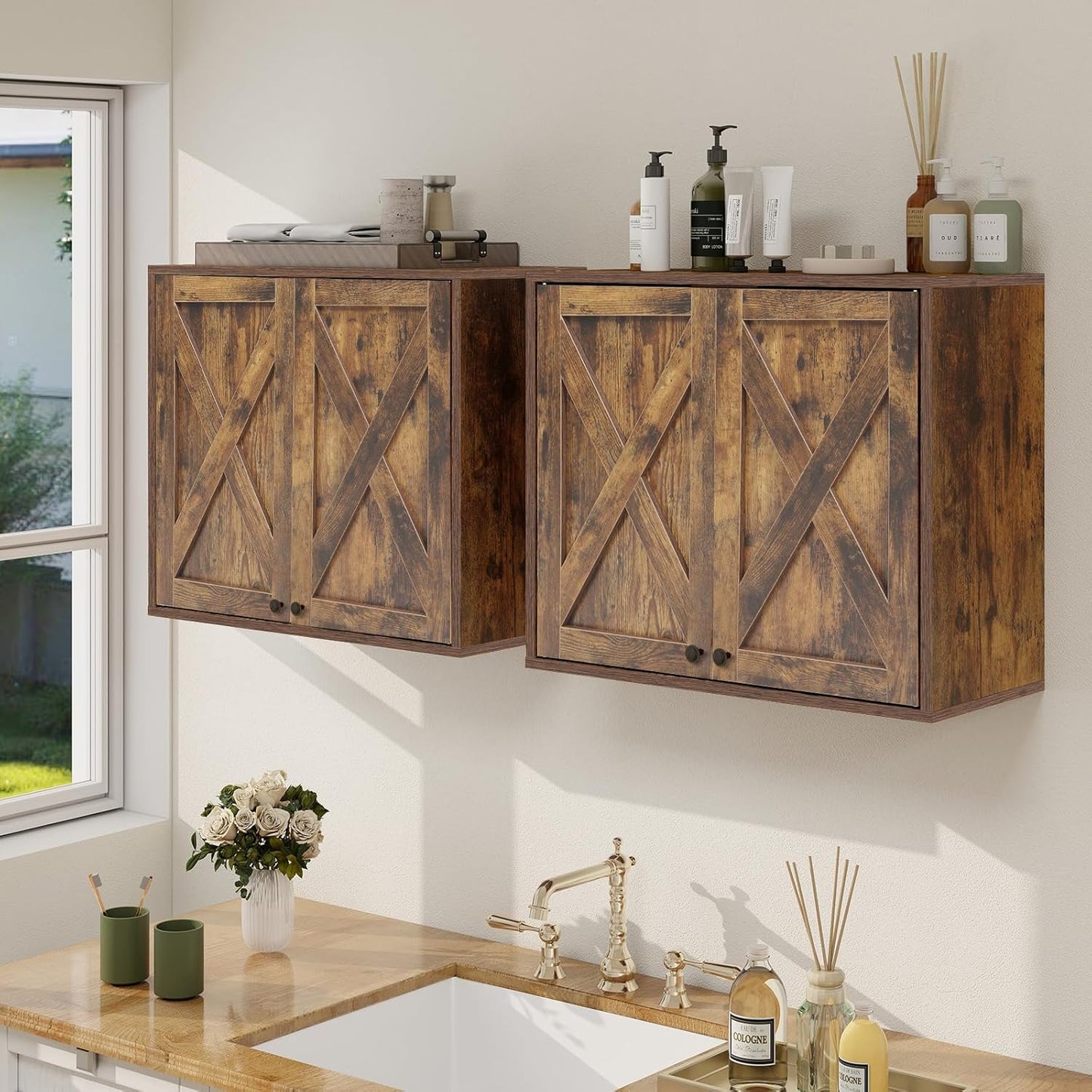 YOURLITE Laundry Cabinet, Medicine Cabinet, Bathroom Kitchen Storage Wall Mounted Farmhouse Organizer with Shelves Over Toilet, One Set of 2 Pieces X 24"