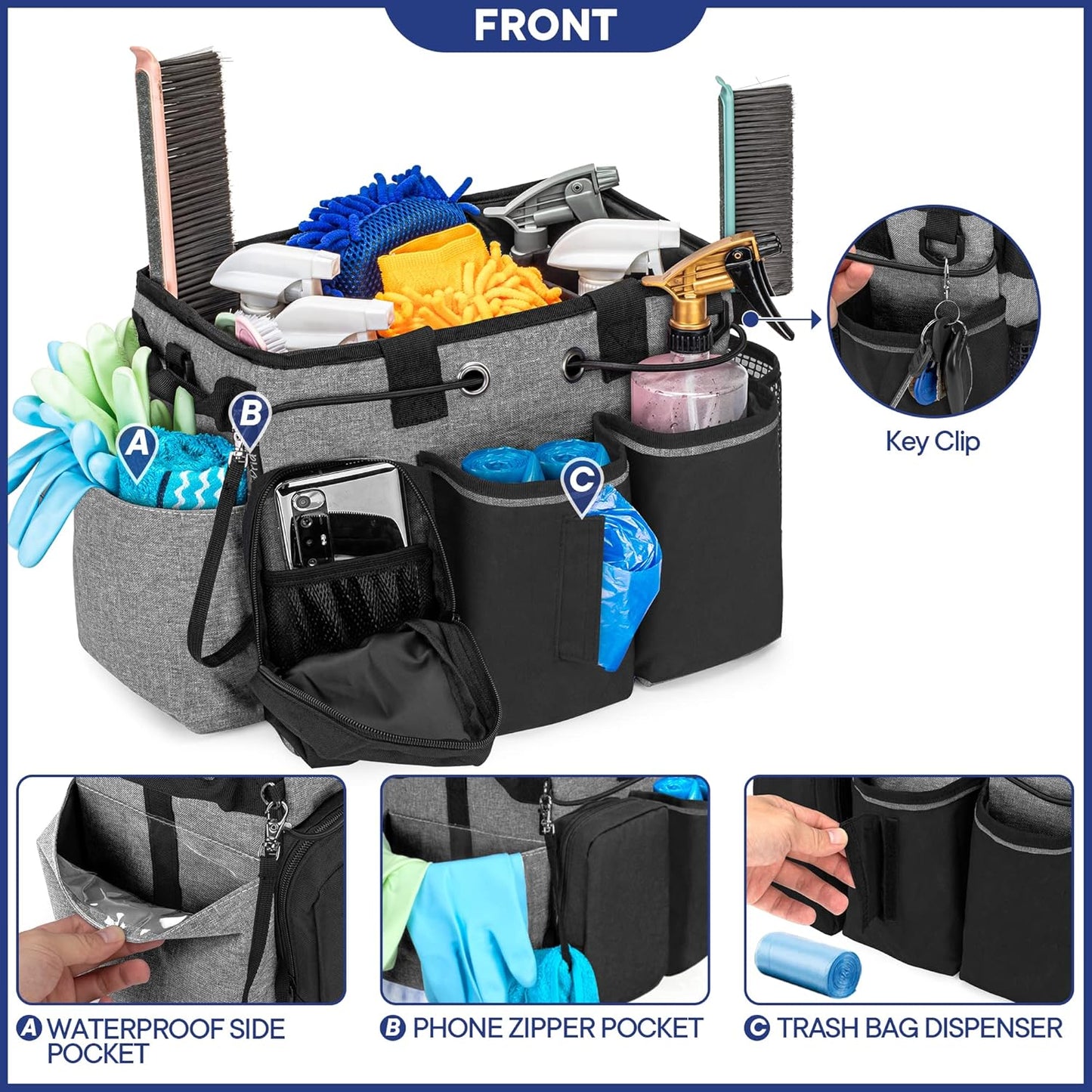 LoDrid Large Professional Cleaning Caddy with Detachable Divider, Supply Organizer with Handle and Shoulder Strap, Cleaning Bags for Housekeepers & Cleaners, Black