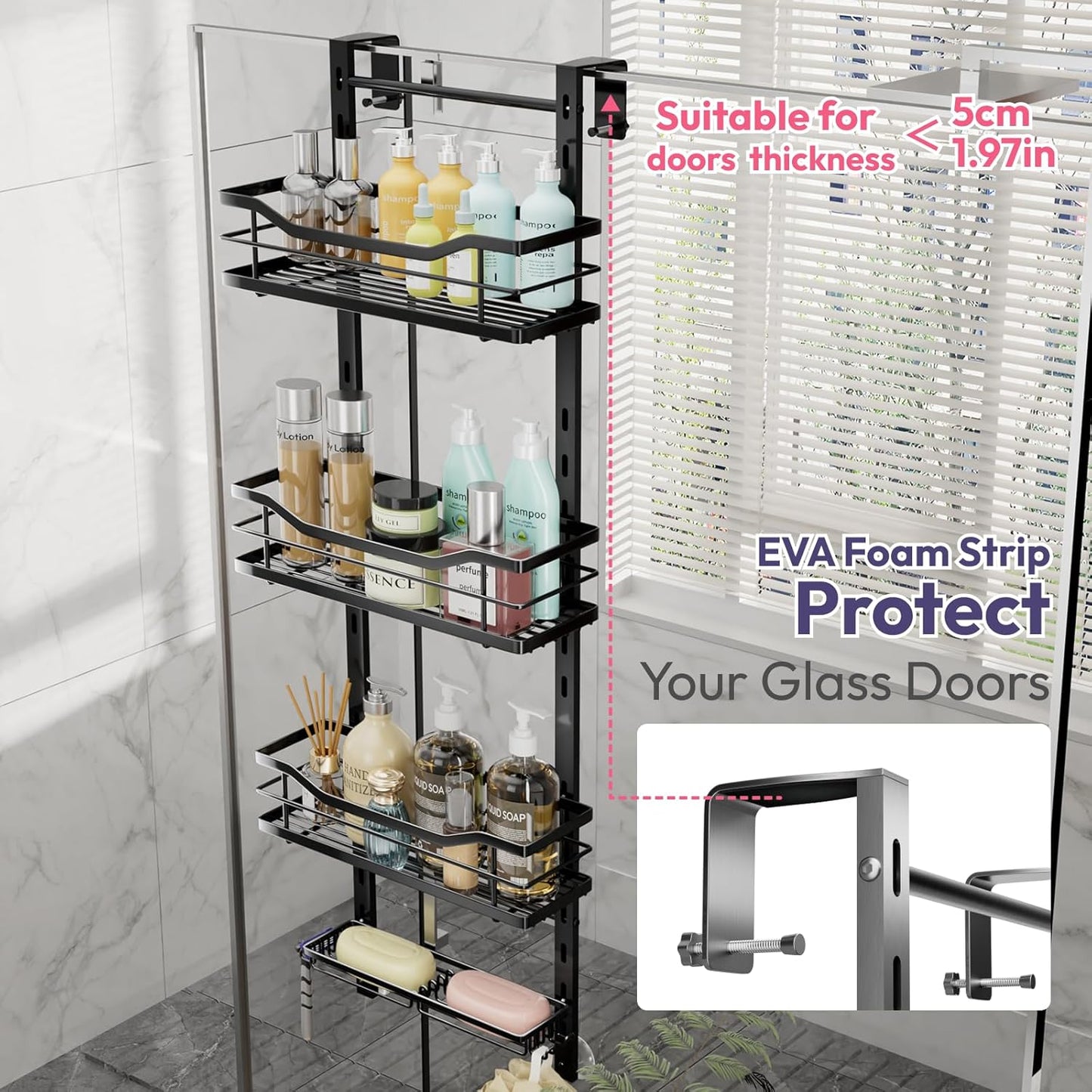 SWTYMIKI Over the Door Shower Caddy - 4 Tier Adjustable Shower Organizer Hanging with Soap Holder, No Drilling Stainless Steel Bathroom Rack Hanging for Body Wash, Shampoo, Soap, Razor, Black