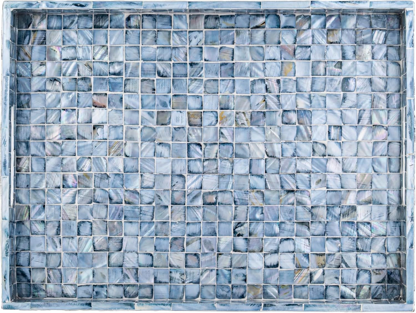 PEMAR Rectangular Mother of Pearl Serving Tray Nacre Wood Lap Ottoman Tray for Coffee Table, Luxury Decorative Handmade Eating Platters w Insert Handles (Blue)