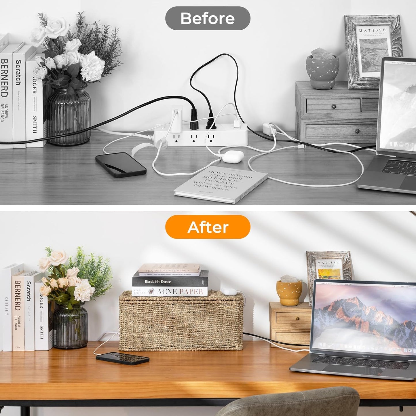 StorageWorks Large Cable Management Box, 2 Slots Wicker Cable Organizer to Hide Cords and Power Strip, Seagrass Cord Hider Box for Home & Office