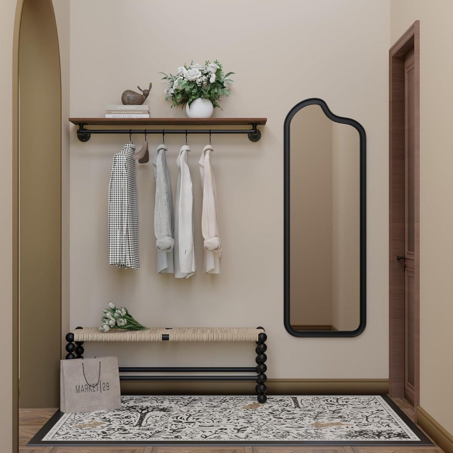 Clothes Rack 48in, Wall Mounted Garment Rack with Real Wood Shelf, Heavy Duty Hanging Clothes Rack, Multi-Purpose Hanging Rod, Space-Saving Closet Storage